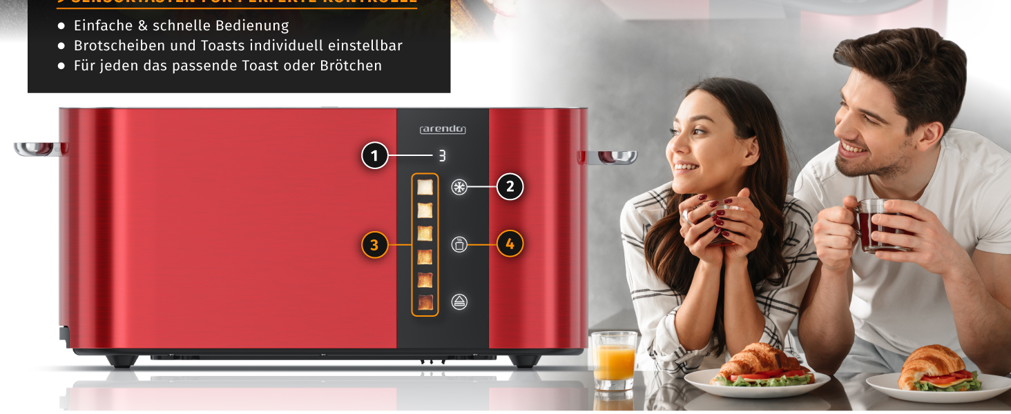 Тостер Arendo з нержавіючої сталі, 4-х секційний, з широкими слотами, сенсорний дисплей, подвійні стінки, 1500 Вт, підставка для булочок, 6 рівнів підсмажування, центрування хліба, індикатор часу, функція пам'яті (червоний)