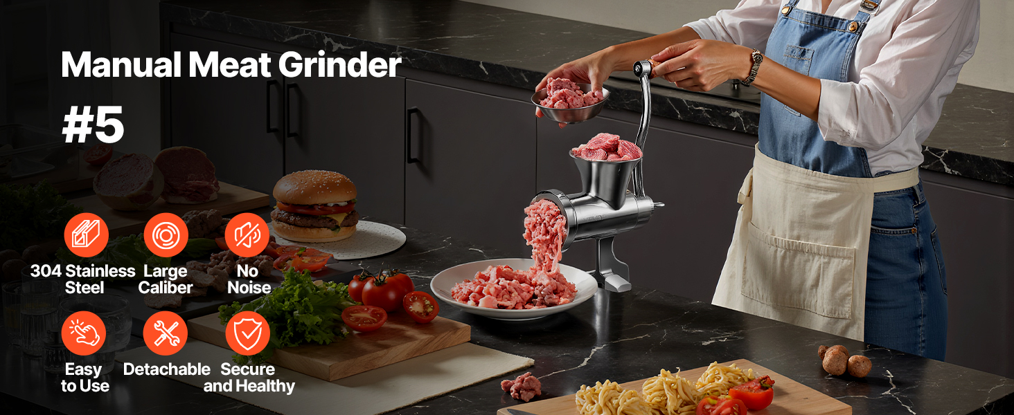 М'ясорубка ручна VEVOR з нержавіючої сталі 304, з насадкою для ковбас, кріпленням до столу та 2 дисками (4.5/8 мм) + 4 насадки для ковбас