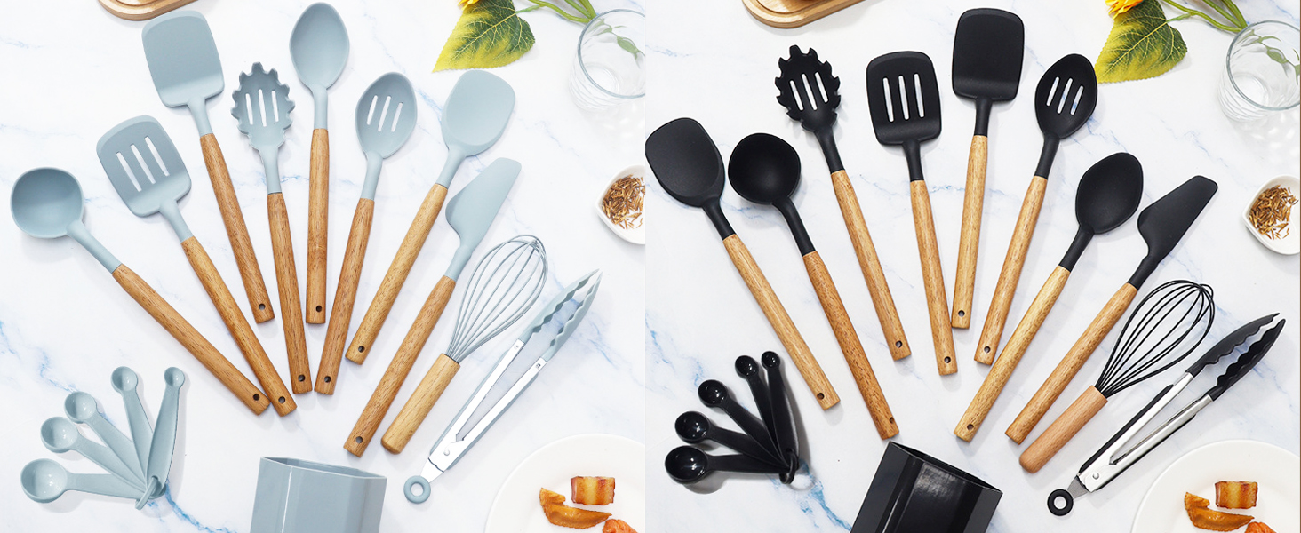 Набір кухонних аксесуарів 12 шт. з силікону з дерев'яними ручками, термостійкий антипригарний набір посуду: щипці, лопатки, ложки. Якісний кухонний набір (16+ чорний)