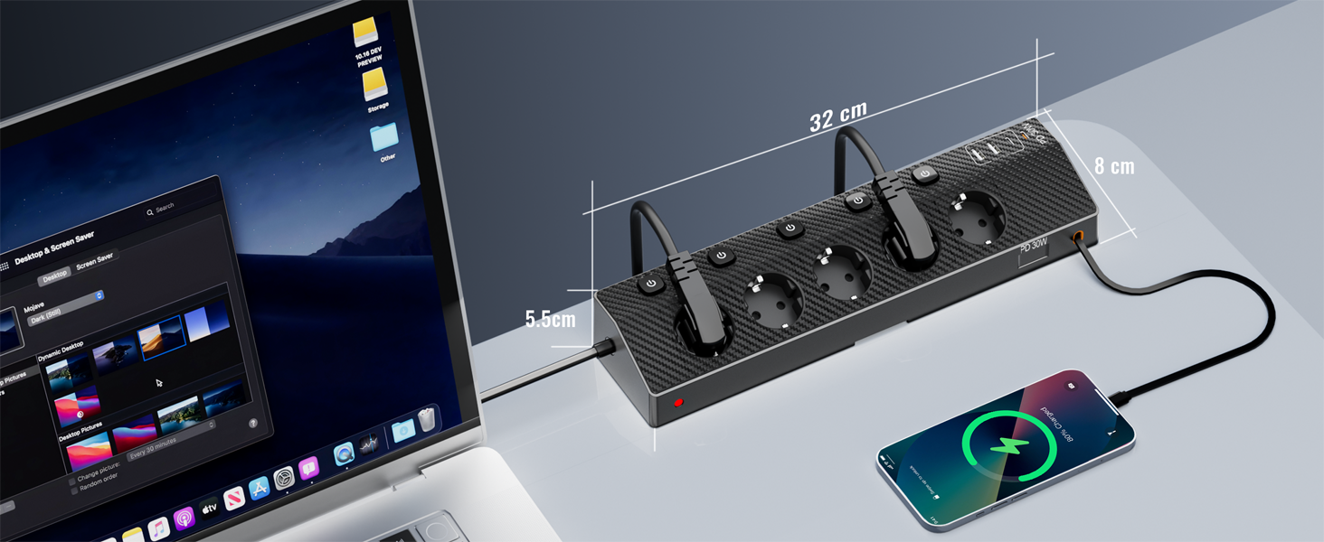 Настільний мережевий фільтр з 5 розетками та 2 USB-C (PD 30W), подовжувач з вимикачем, 4000 Вт, кабель 3м, чорний