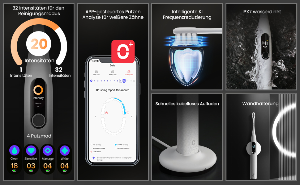 Oclean X Pro Elite: Електрична звукова зубна щітка з 7 насадками, підставка та чохол для подорожей, чорна