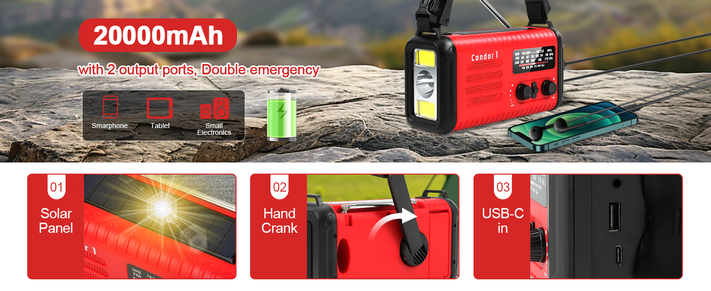 Радіо Kurbelradio на сонячній енергії 20000mAh з AM/FM, SOS-сигналом, LED-ліхтариком та USB-зарядкою, червоне