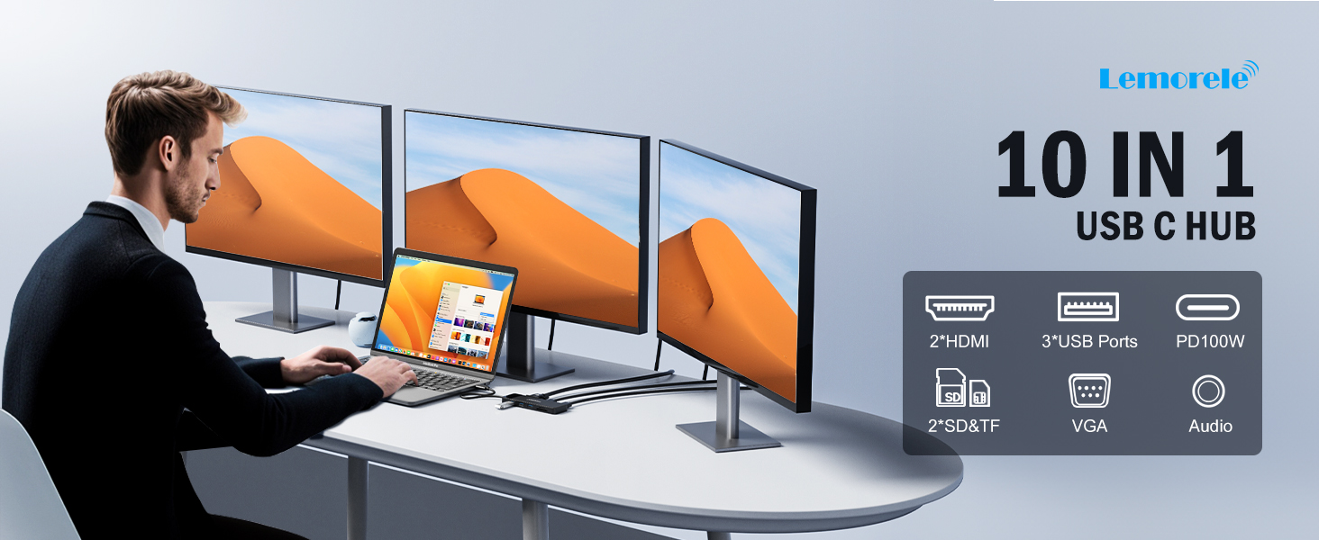 Док-станція Lemorele USB C з хабом 11 в 1: 2*HDMI (4K), 3*USB 3.0/2.0, VGA, PD 100W, SD/TF, для Windows, MacBook, Dell, HP, Lenovo, Surface