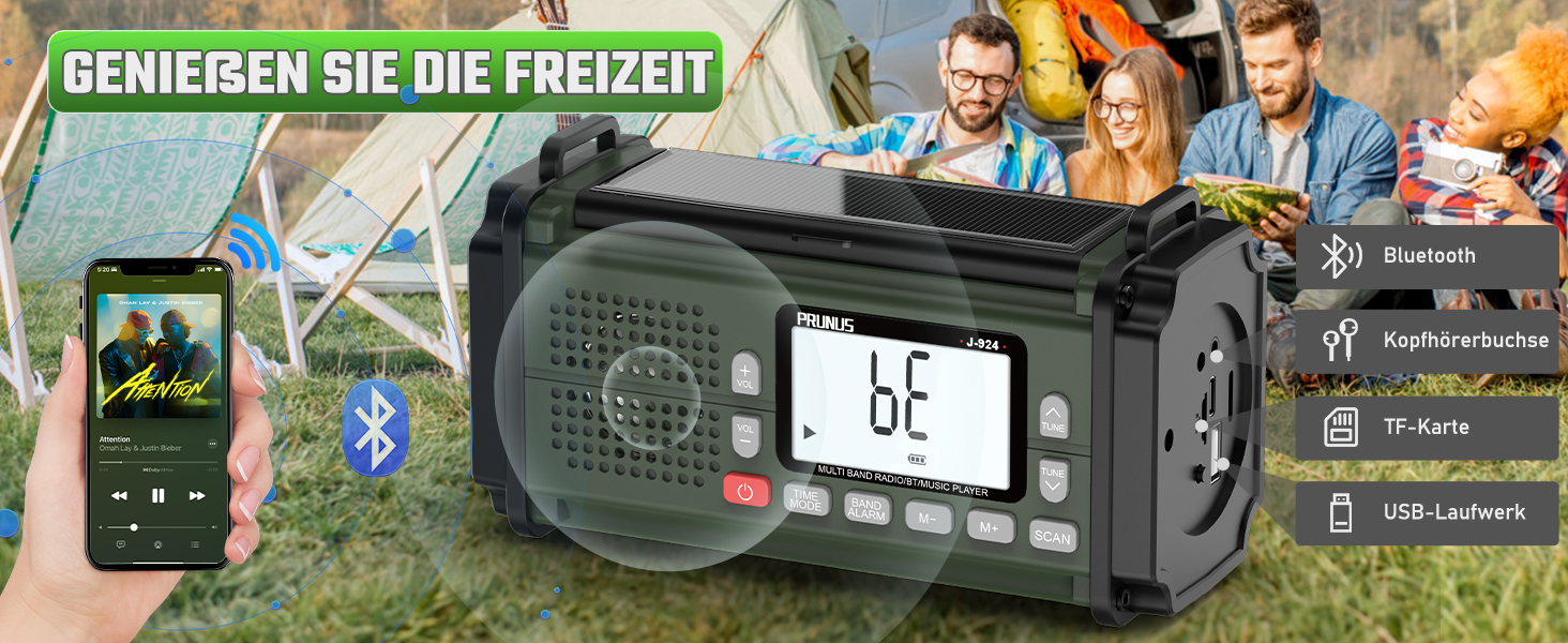 Радіо PRUNUS J-924S AM/FM/SW: Кисневе радіо, радіоприймач для надзвичайних ситуацій з сонячною панеллю, акумулятором 10000mAh, ліхтариком, SOS-сигналом та функцією зарядки телефону. Ідеально для відпочинку на природі, відключень електроенергії та надзвичайних ситуацій. Чорний колір.