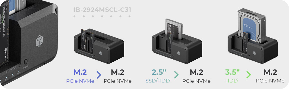 ICY BOX Док-станція для HDD/SSD USB 3.2 Gen 2 (10 Gbit/s) - Клонування жорстких дисків, підтримка 2.5' та 3.5' SATA, M.2 NVMe