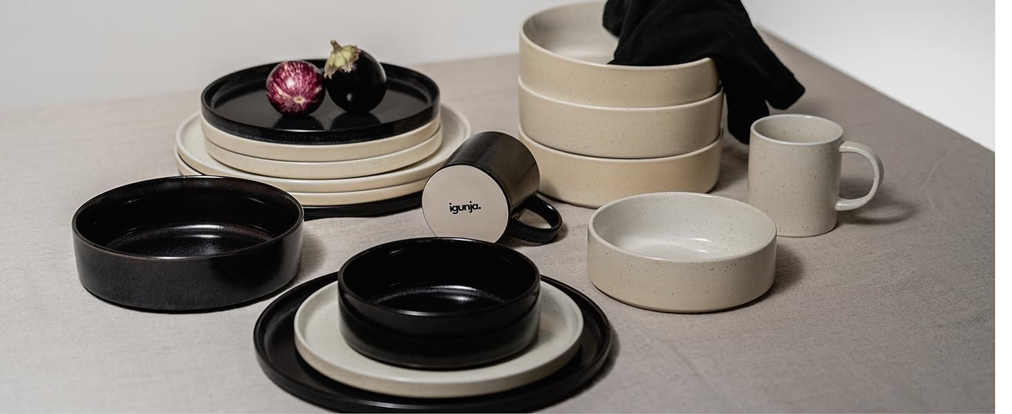 Igunga Stoneware Dinnerware Set - 12 Piece Service for 4 | Reactive Glaze Bowls & Plates - Premium Handcrafted Tableware (Beige)