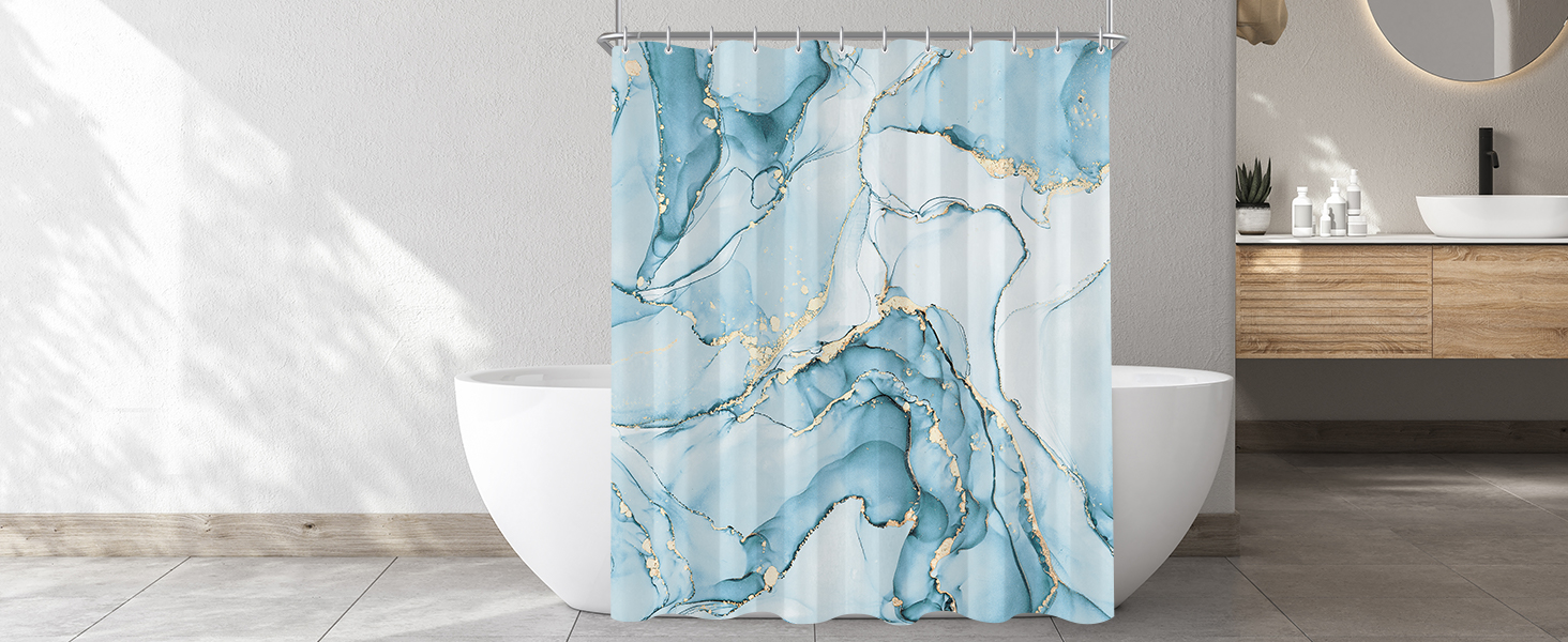 Штора для ванної кімнати 180x200 см, антигрибкова, водовідштовхувальна, поліестер, з кільцями (Світло-блакитний мармур)