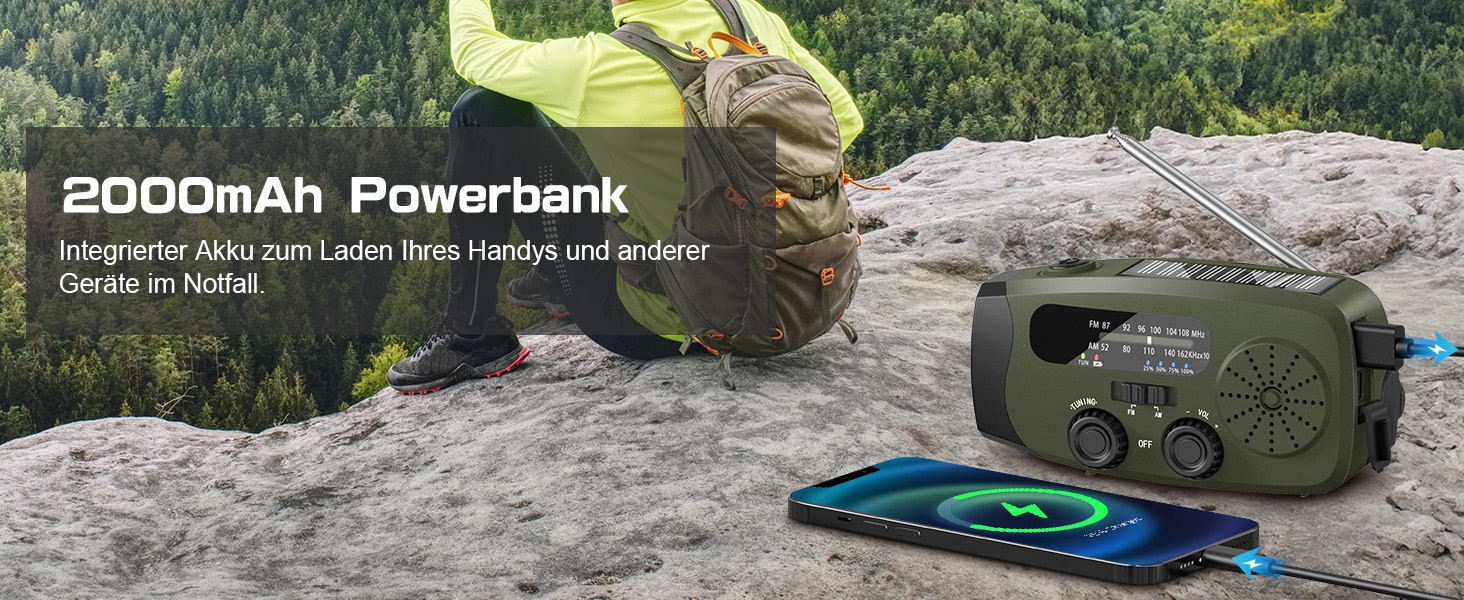 Радіо на механічній та сонячній енергії Notfall Kurbel Radio з Power Bank, USB, AM/FM, SOS-сигналом, ліхтариком - зелений