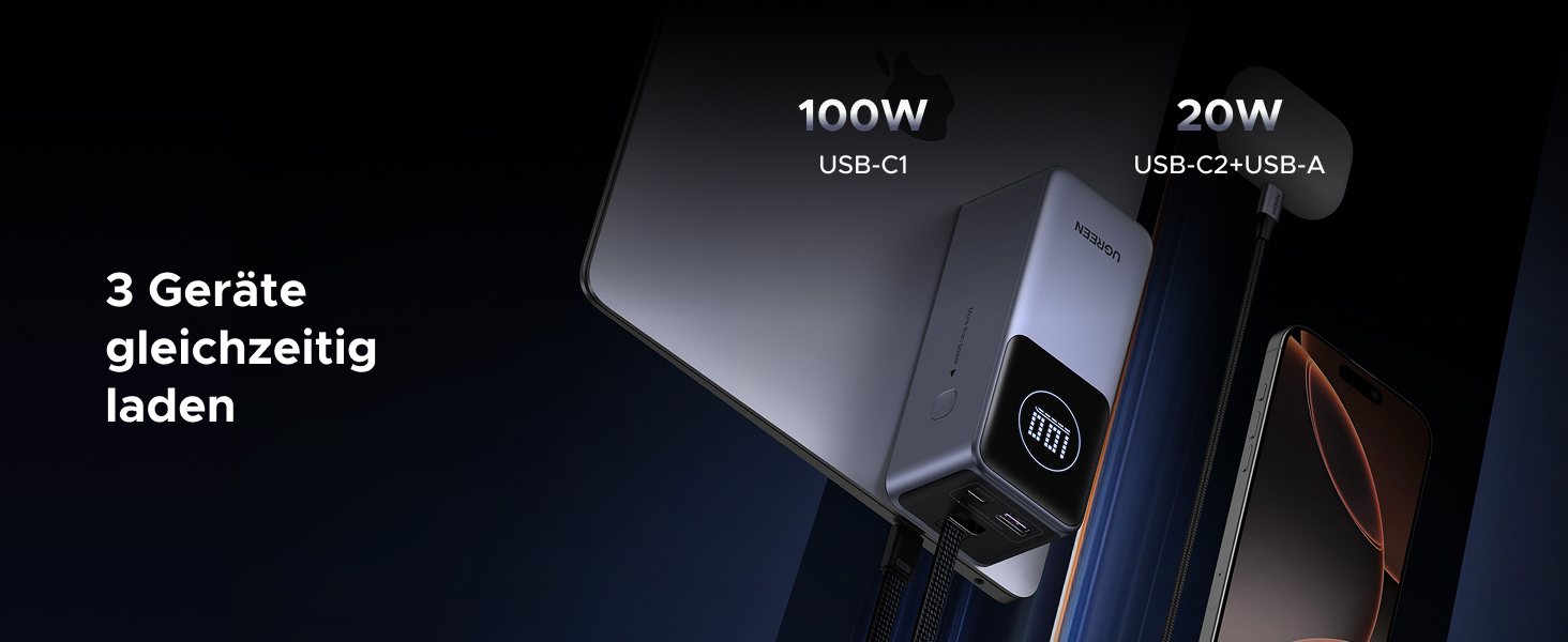 Powerbank UGREEN Nexode 20000mAh 130W з PD 3.0, USB-C та USB-A, сумісний з iPhone, Galaxy, MacBook