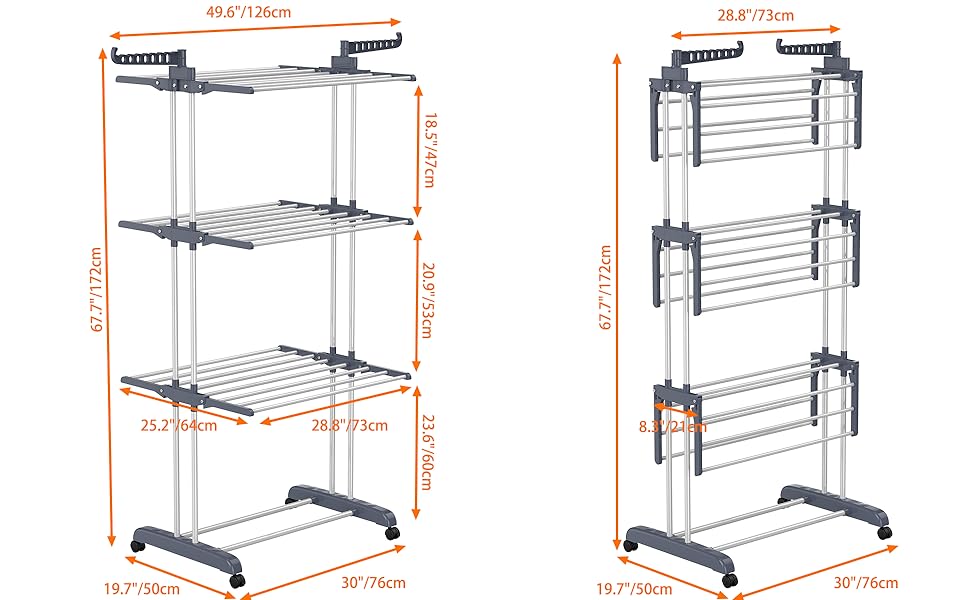 HOMIDEC Clothes Drying Rack Clothes Dryer Tower with Wheels, Space-Saving - with 6 Folding Wings and 2 Swivel Side Wings, Stainless Steel Standing Dryer Clothes Tower for Indoor and Outdoor Use, Grey Grey XL