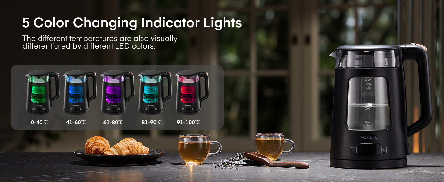 Electric Kettle with Temperature Control - 1.7L Glass Kettle with Keep Warm Function, 2200W Fast Boil, Auto Shut-Off & Dry Boil Protection, 5 Color LED Lights - Black