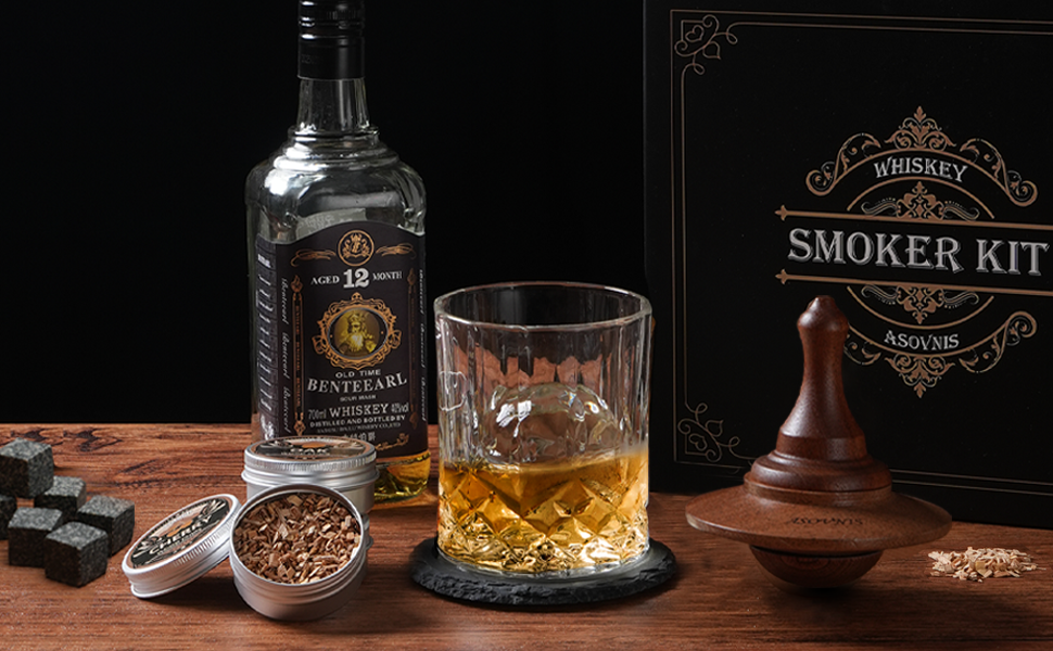Набір для копчення віскі з факелом: 6 смаків, дерев'яні тріски, 2 склянки, 6 контейнерів для віскі, коктейльний набір для копчення, набір для копчення напоїв, подарунок на день народження для любителів бурбону (без бутану)