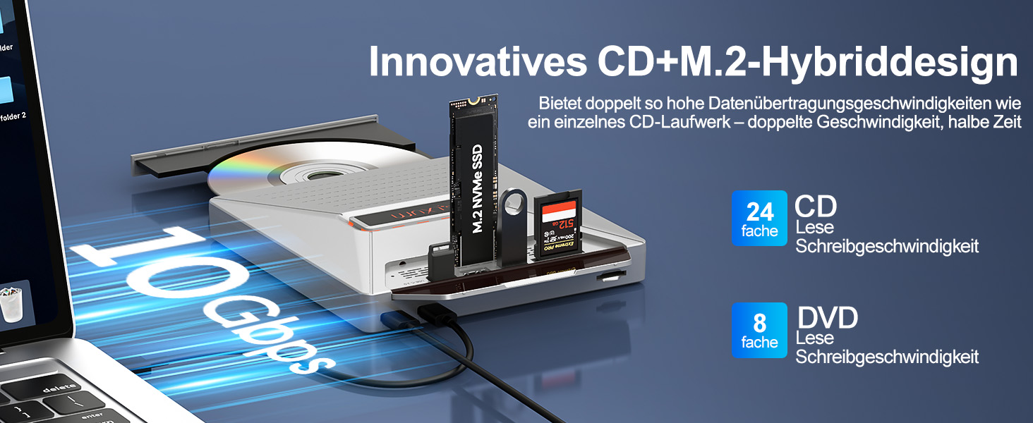Зовнішній DVD-привід Alxum USB-C 3.0 та USB: CD/DVD плеєр і записувач для ноутбука з картридером SD/TF та додатковим USB-портом, Plug & Play, чорний