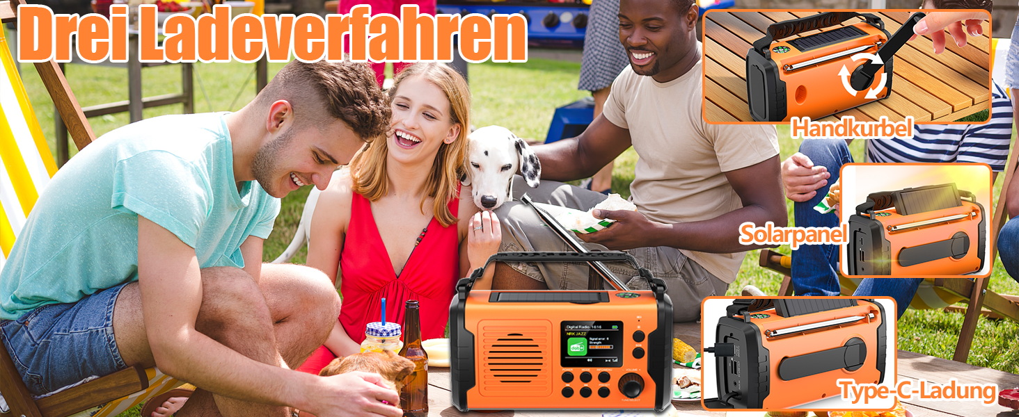 Радіо Kurbelradio з сонячною панеллю та живленням від ручки, 20000mAh, DAB/DAB+/FM, Bluetooth 5.3, Powerbank, SOS, ліхтарик, компас, AUX, TF картка, LED-лампа, помаранчеве