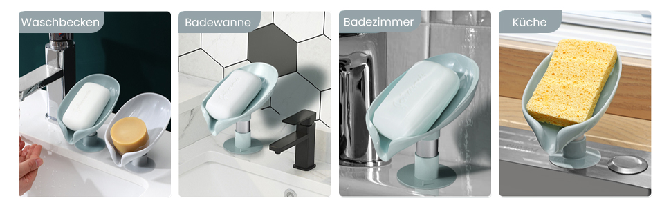 Набір з 2 мисок для мила з водовідведенням, зелено-сірого кольору. Підходить для кухні та ванної кімнати. Без свердління, для твердого шампуню.