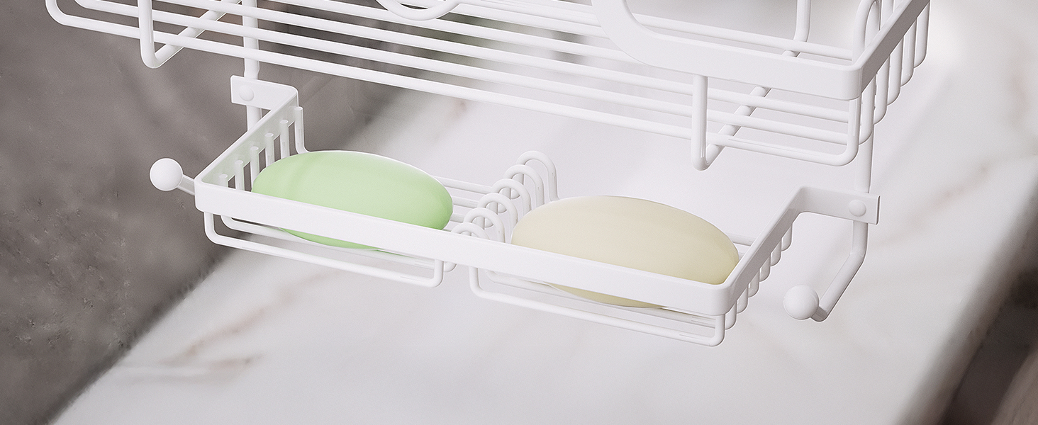 Настінна поличка для душу SWTYMIKI з 2 кошиками та 2 мильницями, з нержавіючої сталі, 14 гачків, білий колір