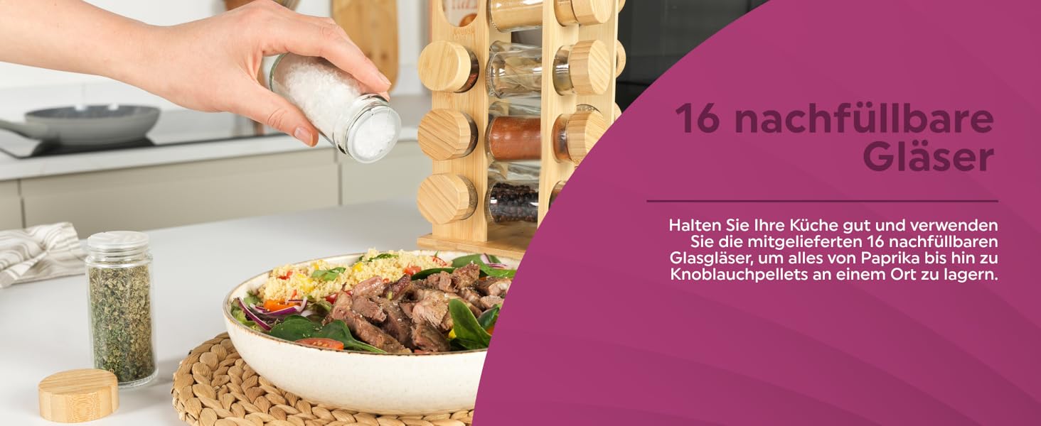 Спецівник Salter Bambus BW12777EU7 з бамбука – обертовий, 16 баночок, кришки, для зберігання спецій