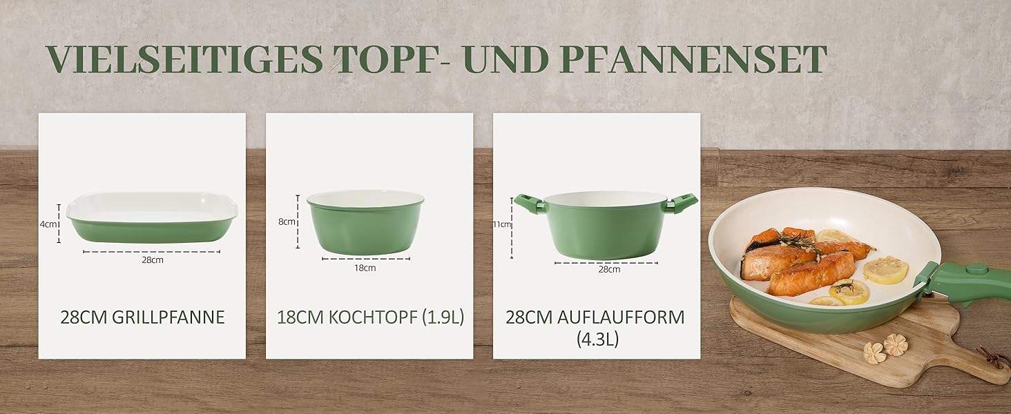 Набір посуду керамічний 23 предмети з антипригарним покриттям та знімними ручками, чорний. Підходить для всіх типів плит, включаючи індукційні. Сковороди 20/26 см, каструля 18 см, сотейник 24 см. Можна використовувати в духовці.