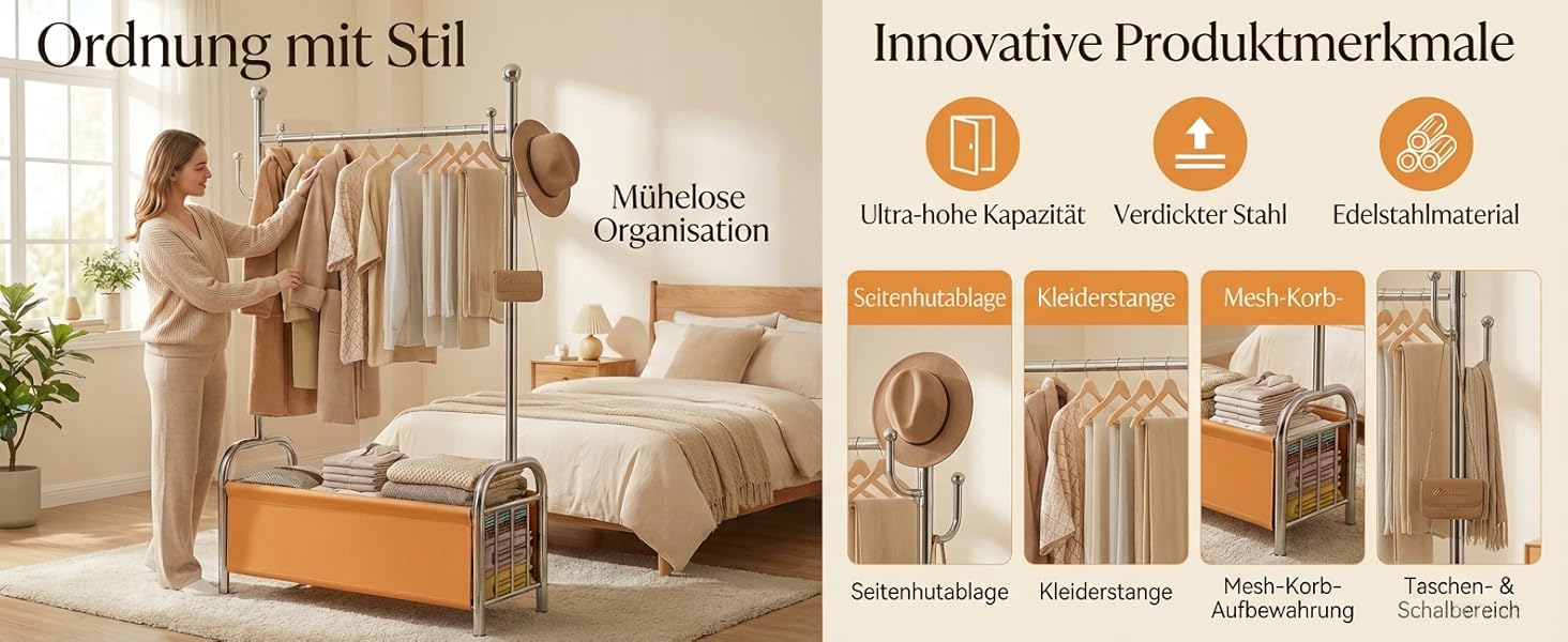 Вішалка для одягу з нержавіючої сталі з кошиком для білизни, міцна, витримує до 115 кг, 3-в-1, для спальні, коридору - UP01