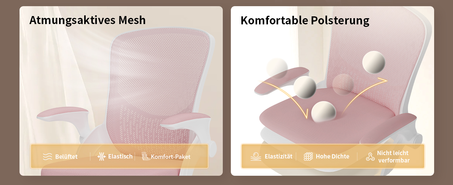 Офісний стіл Naspiro Ergonomischer Bürostuhl з регульованими підлокітниками 90°, підтримкою попереку, дихаючою сіткою та рожевим кольором (без підголівника)