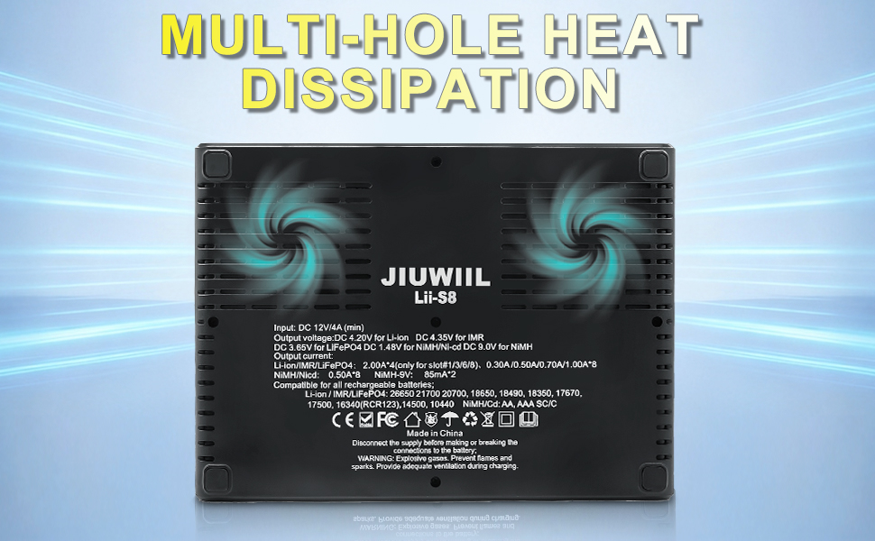 Зарядний пристрій JIUWIIL для акумуляторів 18650, Li-Ion/LiFePO4 (8+2 слоти) з LCD-дисплеєм – швидка зарядка 26650, 17500, 16340, 14500, 10440, 9V