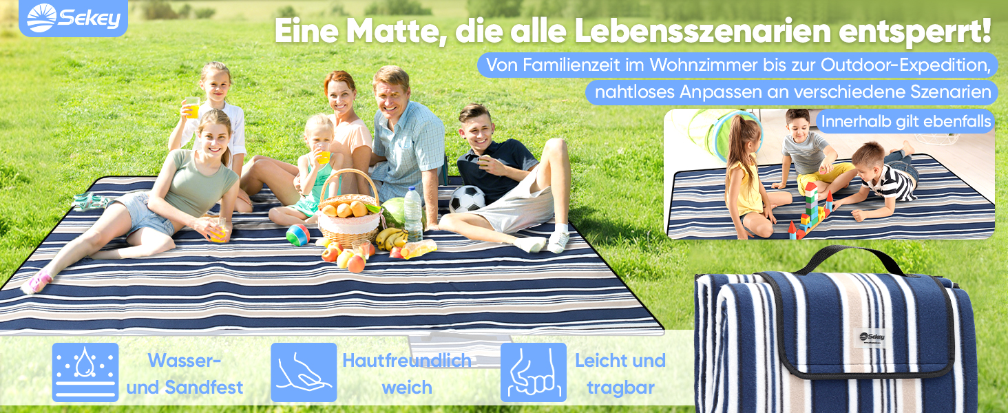 Плед для пікніка Sekey 200x200 см, водовідштовхувальний, для пляжу, кемпінгу, з PEVA-підкладкою, блакитно-біло-бежевий в смужку