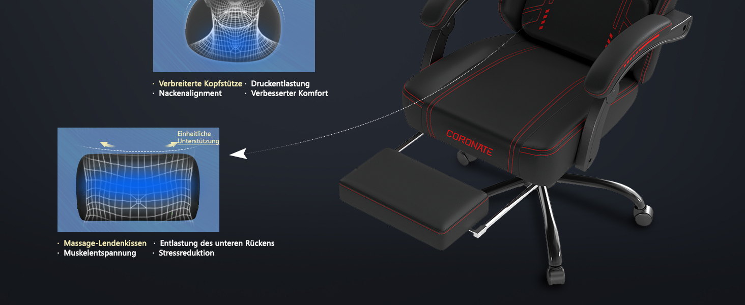 Ігровий стілець Ergonormic з регульованою спинкою та поворотом 360° - офісний стілець для дорослих/підлітків до 150 кг, тканинний червоний для дому/ігор