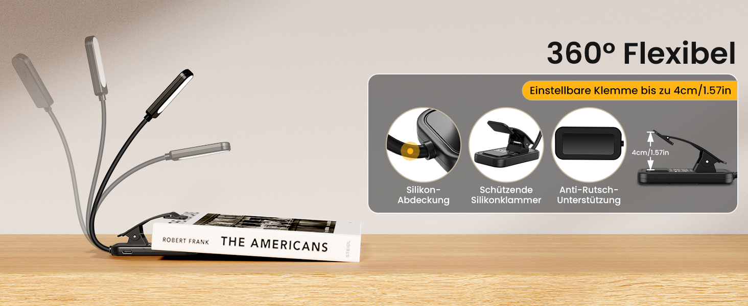 LED лампа для читання з кліпсою, захист очей, 6 LED, 3 режими яскравості (теплий/холодний/білий), USB перезарядна, 360° регульована, для читання, ліжка, офісу, подорожей, чорна