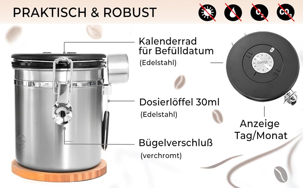 Контейнер для кави 500г з нержавіючої сталі з дозатором та календарем, 1,5л, стильна упаковка