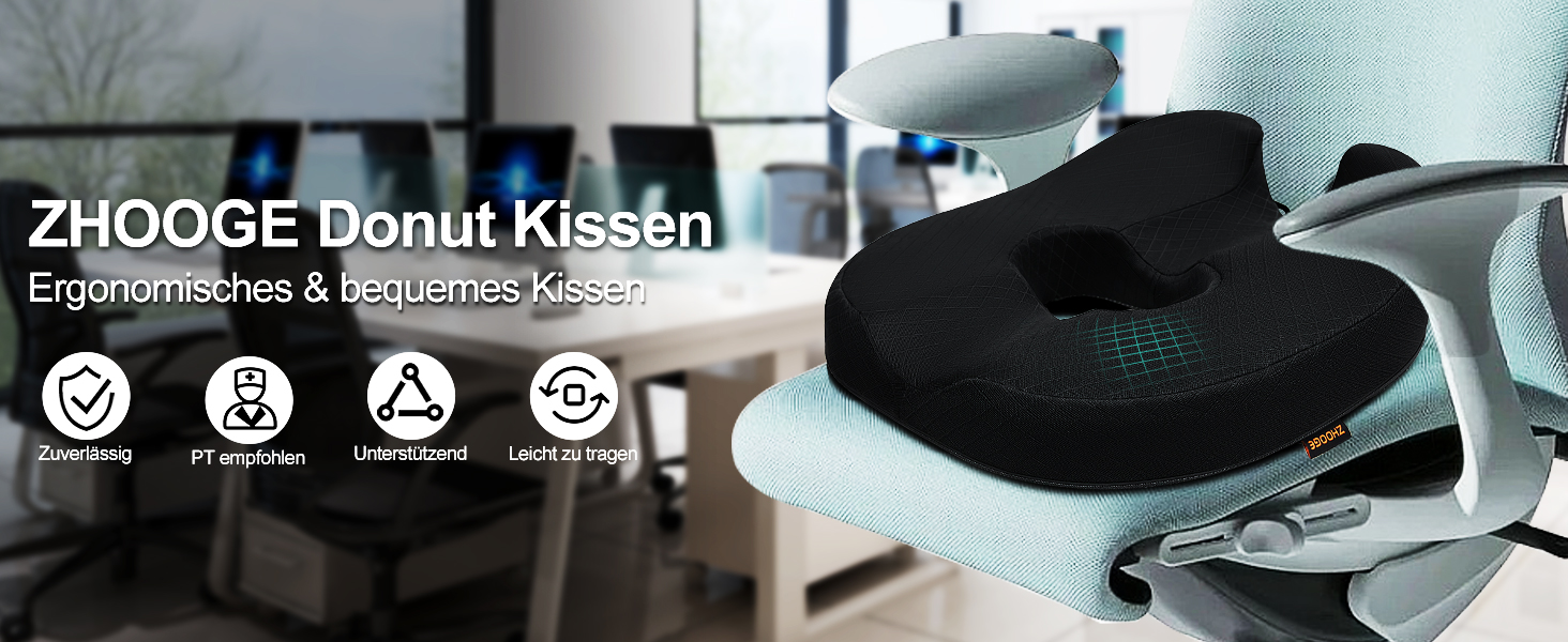ZHOOGE Orthopedic Donut Seat Cushion for Hemorrhoids & Tailbone Pain - Memory Foam Seat Cushion for Car, Sofa, Office & Wheelchair - Black