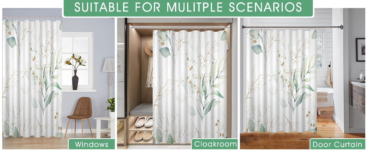 Штора для душу 120x200 см з евкаліптом, антигрибкова, акварель, водонепроникна, поліестер, з гачками для ванної кімнати