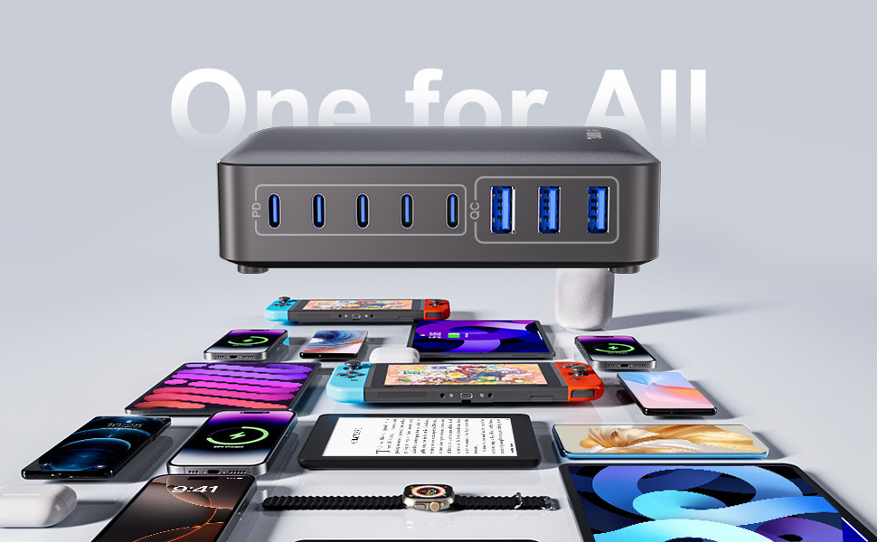 Зарядний пристрій USB-C 8-в-1, 300W, GaN адаптер для MacBook, iPhone, iPad, Samsung, ноутбуків – швидка зарядка PD