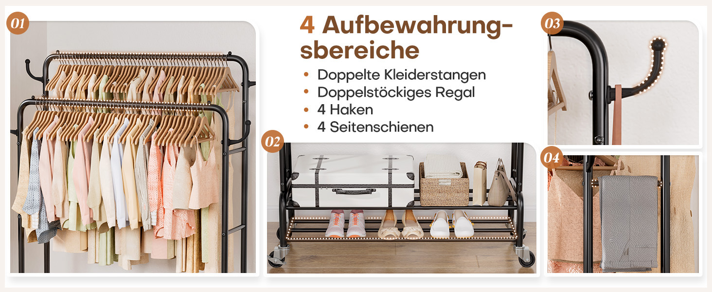 Стійка для одягу Yorbay на колесах: металева, 2 перекладини, 4 гачки, 2 полиці для зберігання, до 120 кг, 112 см (ширина)