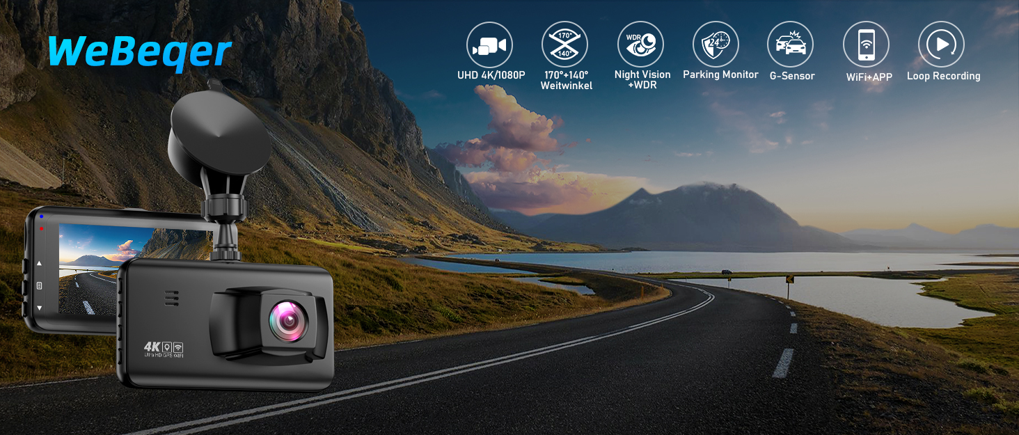 Відеореєстратор у машину Dashcam 4K з двома камерами, WiFi, 64GB SD карта, паркувальний асистент, нічне бачення, 170°+140° кут огляду, 3' IPS дисплей, G-сенсор, циклічна запис, паркування, підтримка карт до 256GB