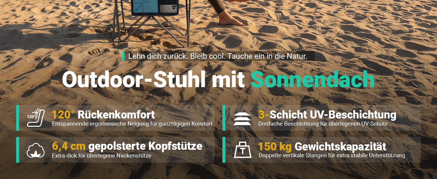 Кемпінговий стілець Overmont зі спадковим дахом, підсклянником та охолоджуючим кишенем - блакитно-сірий