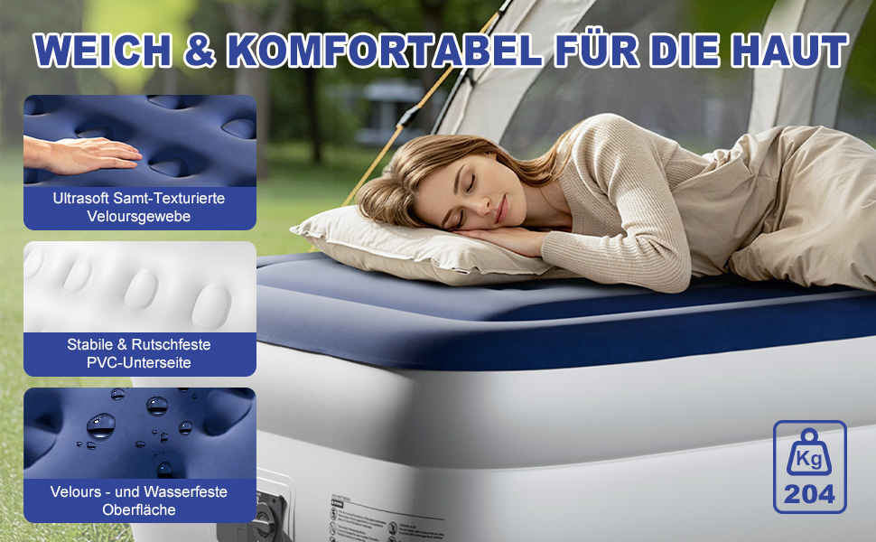 Надувний матрац LEADZM для 2 осіб з електронасосом, 203x152x46 см, сірий (синьо-білий). Флок + PVC, до 295 кг