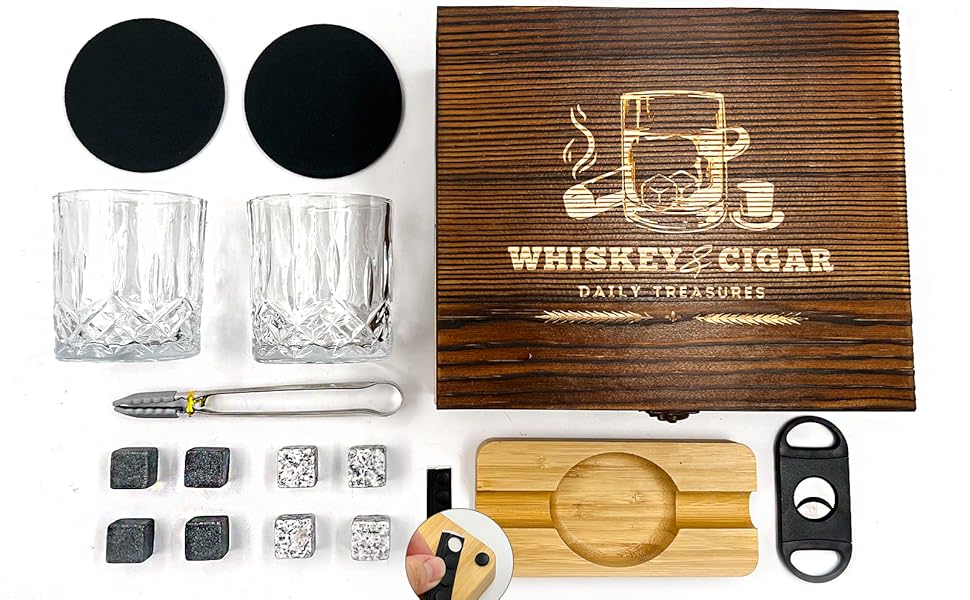 Набір для віскі Daily Treasures: келихи, камені та аксесуари (дерев'яний попільничка, різьблений ніж), подарунковий набір для чоловіків, на День батька