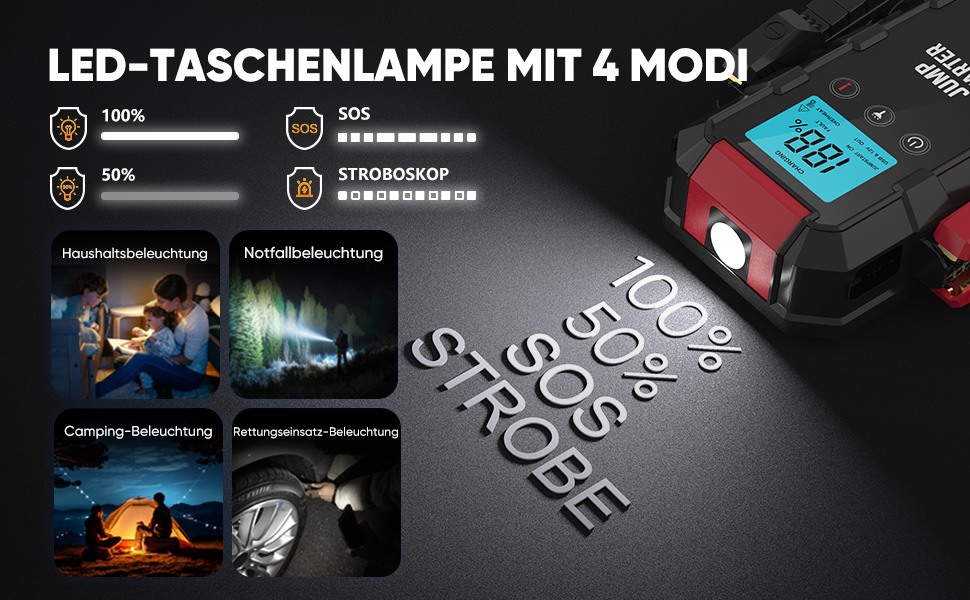 Портативний пусковий пристрій для автомобіля: 6000A, 12V, LED-ліхтарик, для бензинових та дизельних двигунів до 12.0L