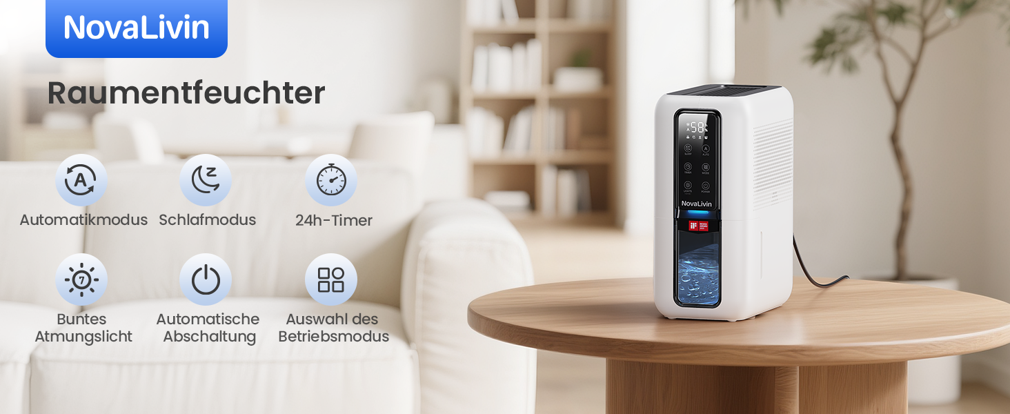 Електричний осушувач повітря NovaLivin з резервуаром 2L та регулюванням вологості | Для ванної, спальні, шафи