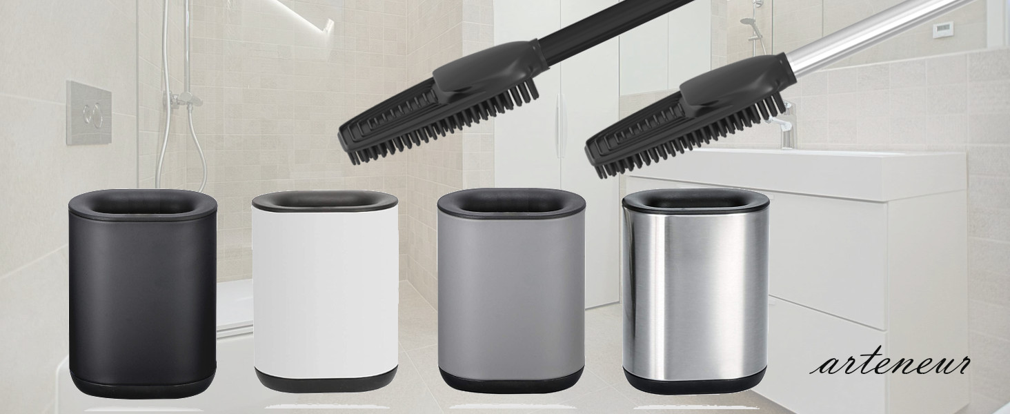 Силіконова щітка для унітазу 3-в-1 з тримачем та кріпленням на стіну, довга ручка з нержавіючої сталі, гігієнічна з ламелями та скребком - набір для ванної кімнати та гостьового туалету, нержавіюча сталь, срібло