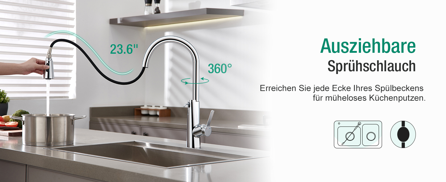 Кран кухонний CREA Wasserfall висувний з дозатором мила, нержавіюча сталь, 360° оберт, 4 режими, хром
