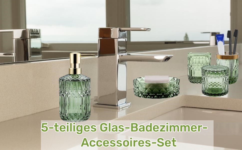 Набір аксесуарів для ванної кімнати з 5 предметів: дозатор для лосьйону, дозатор для мила, тримач для зубних щіток, склянка, ватний диск, склянка.