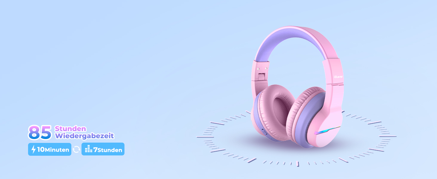 iClever Бездротові навушники для дітей 2 шт. з LED-підсвічуванням, Over-Ear, обмеження гучності 74/85 дБ, 85 годин роботи, Bluetooth 5.2, мікрофон, чорний/рожевий