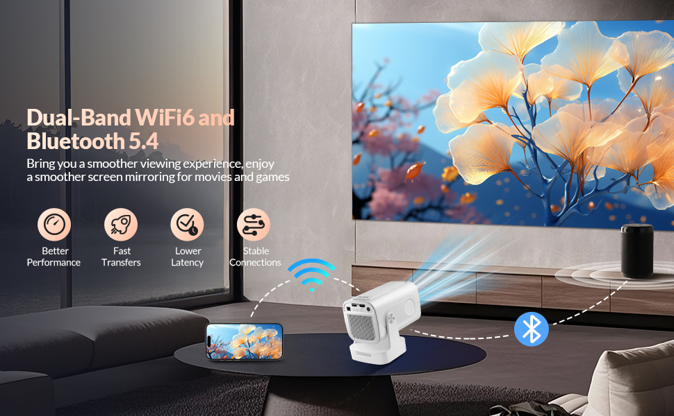 Міні проєктор Smart Beamer 4K 1080P з Android 11, WiFi 6, BT5.0, 180° поворотний, для дому та вулиці, сумісний з Android/iPhone/PC/Mac/Switch, білий (чорний + білий)