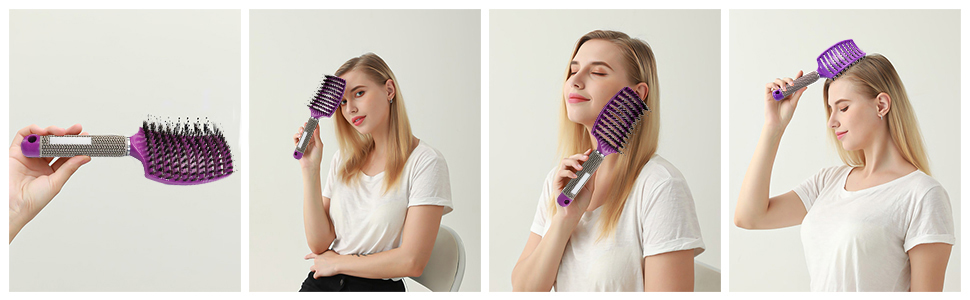 Двохсторонна щітка для волосся з щетиною дикого кабана (чорний та фіолетовий) - безшумна, розподіляє олію, випрямляє волосся, дихаюча, прискорює сушіння