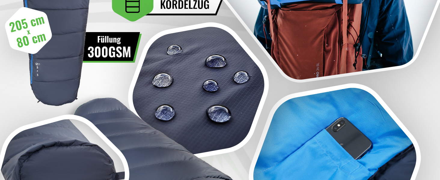 Сплячий мішок MOUNTREX® - компактний та ультралегкий (760г/1500г) - Outdoor (100GSM) / 3-4 сезони (300GSM) - Мумієподібний спальний мішок – кемпінг, подорожі, фестивалі – теплий та з'єднуваний (Темно-синій/Синій, 3 сезони - 1500г (RV Ліворуч))