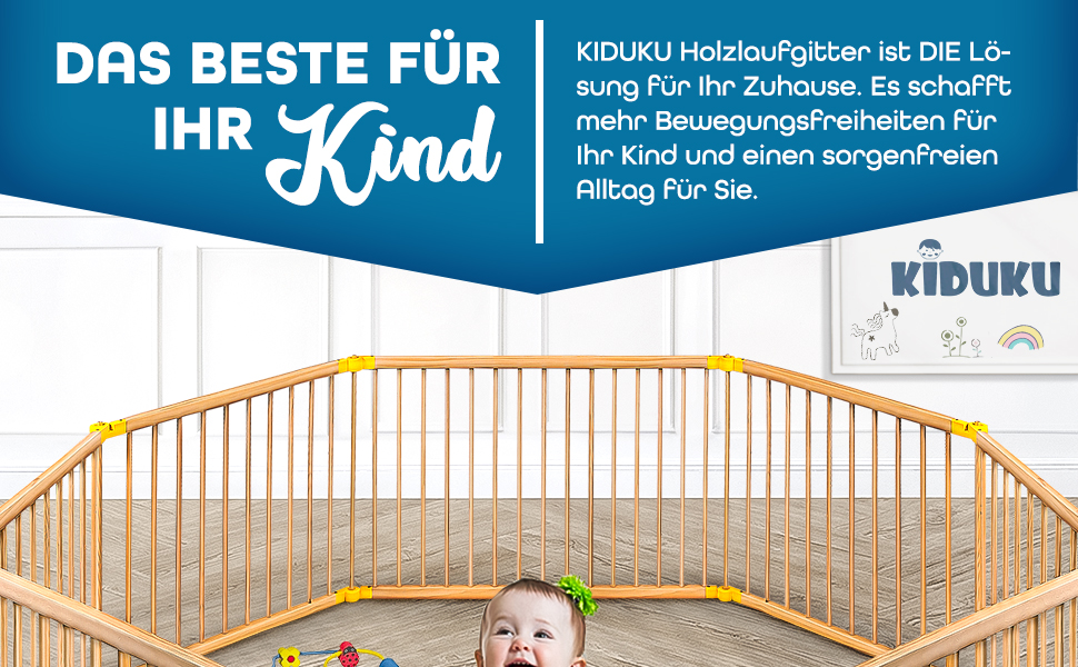 Дитячий манеж KIDUKU® XXL 7,2 м: розкладний, з дверцятами та подвійним замком | 8 елементів, індивідуальна форма, білий/натуральний колір