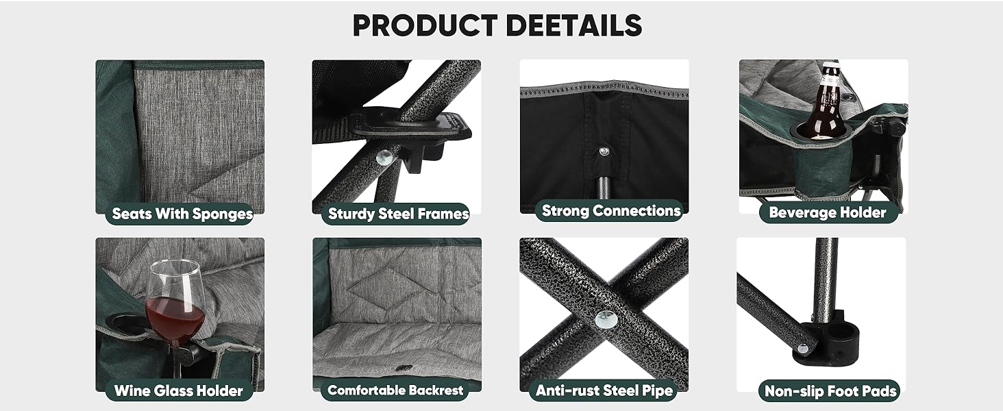 Розкладний крісло-диван Northroad для кемпінгу на 2 особи, портативне, м'яке, для саду, пікніків, пляжу, подорожей (темно-зелене)