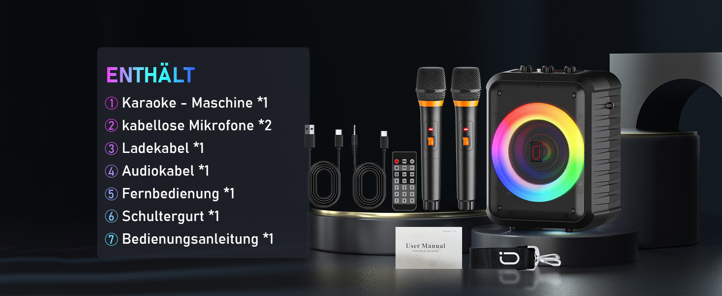 Караоке машина з 2 мікрофонами, портативна Bluetooth караоке система з LED підсвічуванням, Па-система, ідеальна для домашніх вечірок та як подарунок для дорослих та дітей, чорна D13T