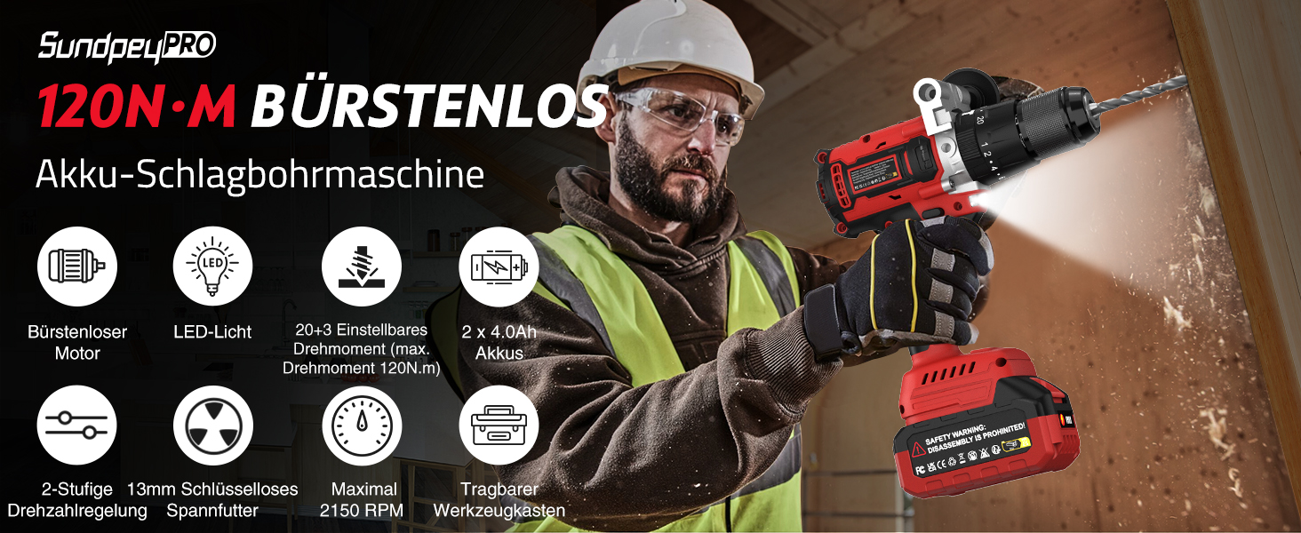 Акумуляторний дриль-шуруповерт SundpeyPRO 21V з перфоратором, 120 Нм, безщітковий двигун, комплект з 2 x 4000mAh акумуляторами, 20+3 ступені крутного моменту, LED-підсвітка